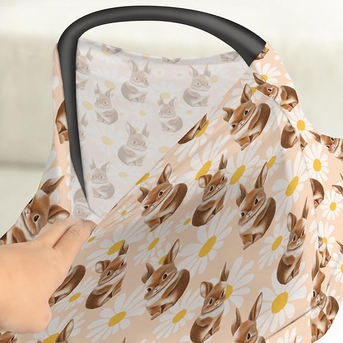 Vintage Bunny Daisy Car Seat Cover for Babies Retro Rabbits Boho Floral Stretchy 5-in-1 Cover Adjustable Infant Carseat Canopy Cover Spring Garden Easter Animal Breathable Nursing Cover-Up