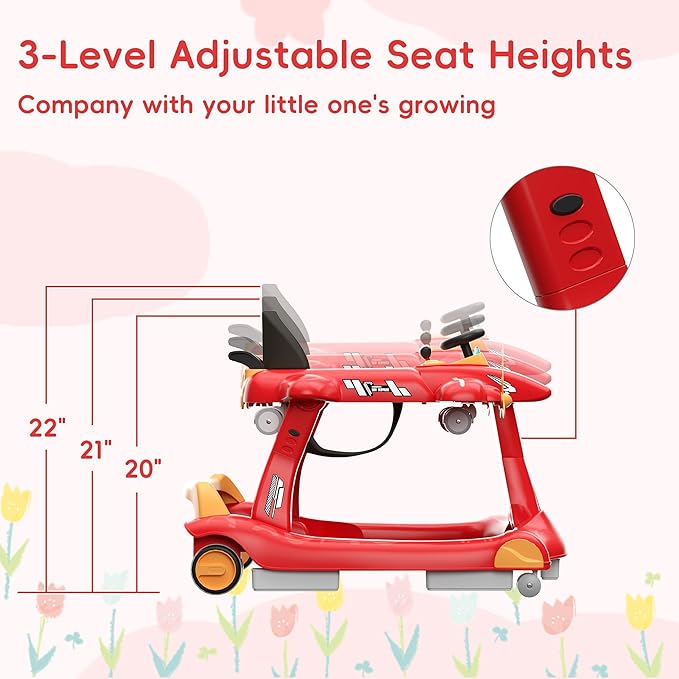 Betterhood 6-in-1 Foldable Baby Walker with Adjustable Height & Speed, Airplane-Themed Activity Push Walker with Music & Lights, Wheels, Anti-Slip Design, Suitable for Boys & Girls Aged 6-18 Months