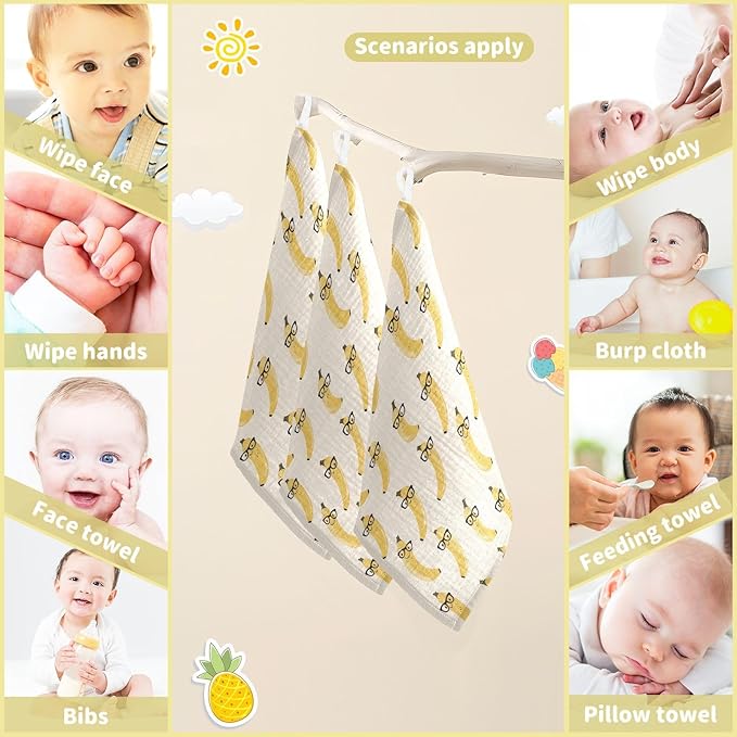 Banana Baby Washcloths Newborn Muslin Burp Cloths 3 Pack Soft Cotton Baby Face Bath Towel Drool Bibs for Infants, Girls and Boys 11.8 x 11.8 Inch