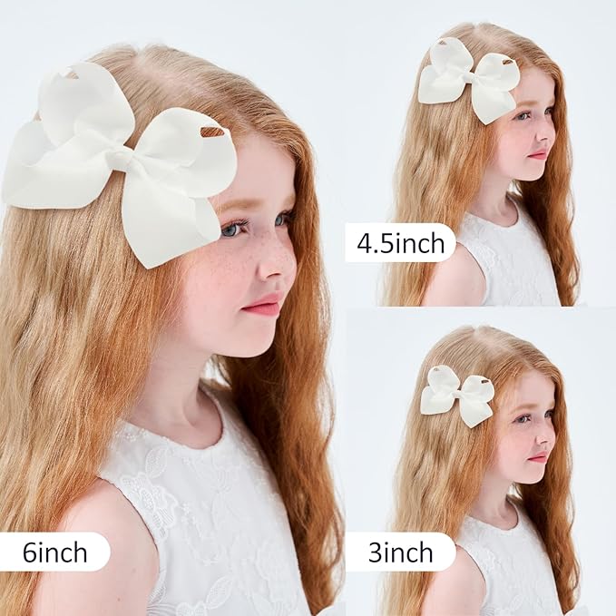 Hair Bows for Girls Alligator Clips White Grosgrain Ribbon Solid Color Hair Accessories for Little Teen Toddler Girls Kids (6inch ×2, 4inch ×2, 3inch ×2)