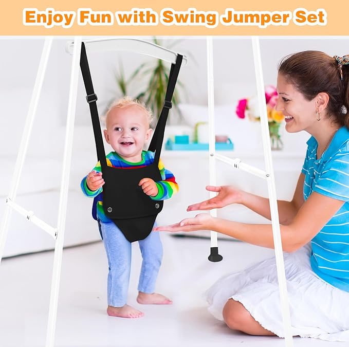 Baby Jumper, Indoor&Outdoor Baby Bouncer, Infant Jumper with Adjustment Strap for Boys Girls, Exercise Saddle Seat for Backyard, Easy to Assemble & Store (White)