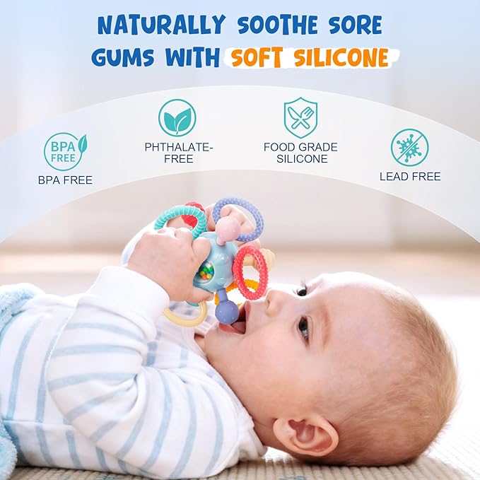 Easter Baby Teething Toys for 0-6 6-12 Months, BPA Free Food Grade Silicone Teether, Infant Sensory Chew Rattles Toys, Perfect Baby Easter Basket Stuffers & Easter Gifts, Sky Blue