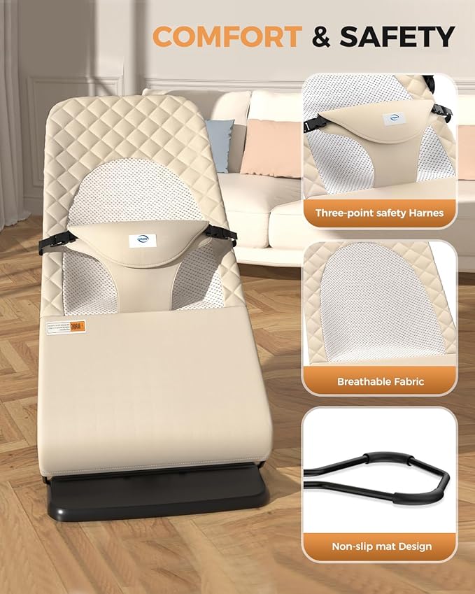 Bouncer Seat for Babies 0-12 Months, Baby Bouncer forBreathable and Comfortable Cushion, Three HeightAdjustments, Baby Rocker Portable Folding andDetachable, Ergonomic Baby Seat