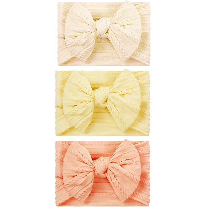 baotongle 3pcs Baby Girls Headbands Soft Stretchy Nylon Hair Bands Hair Accessories with Bows for Newborn Baby Girls Infant Toddlers Kids(Yellow,Pale Yellow,Orange Pink, 5.7inches)