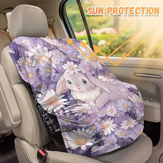 Easter Car Decor Baby Car Seat Cover, Cute Bunny Car Seat Sun Shade Cover Sun Protection to Keep The Car Seat Cool, Easy to Clean and Install