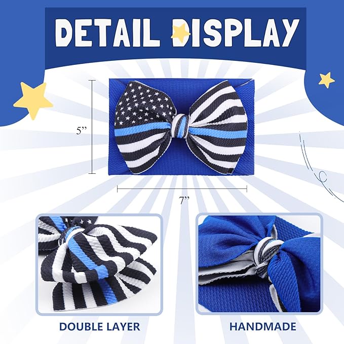 YanJie 7" Baby Girls Headbands National Police Week Hair Bow Blue Line Flag Printed Headbands Police Support Nylon Headband Infant Bows Gift