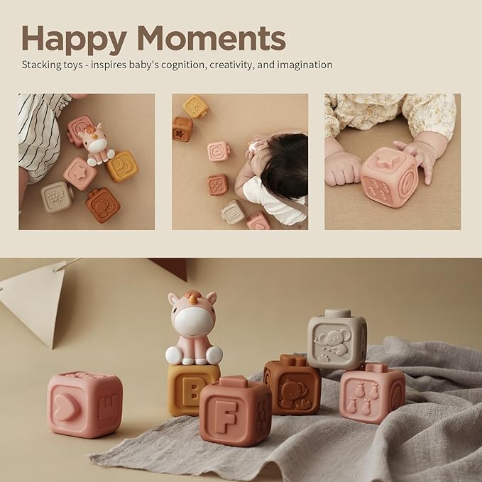 Nueplay 7 Pcs Soft Toy Building Blocks for Baby Girls 6-12 Months, Montessori Early Learning Squeeze Blocks with Unicorn Sensory Stacking Design, Birthday Gift for Toddlers 1-3