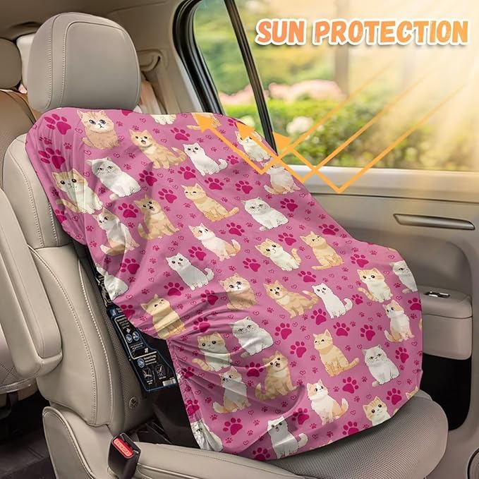 Car Seat Sun Shade Cover Cute Cat Car Seat Cooler Toddler Car Seat Cover Heat Protector Tear-Resistant Baby Seat Covers Keep Baby Cool and Child Safety for Travel, Elastic Style