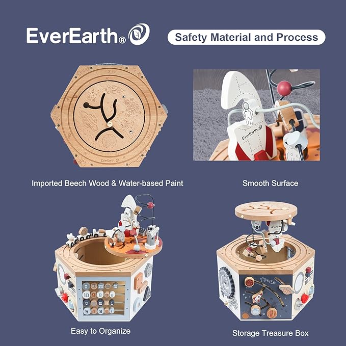 EverEarth Wooden Activity Cube with Bead Maze, Space Activity Cube for Toddlers 1-3 Girls Boys Multi Play Educational Learning Montessori Cube Toddler Toy Wood Shape Color Sorter - FSC Certified