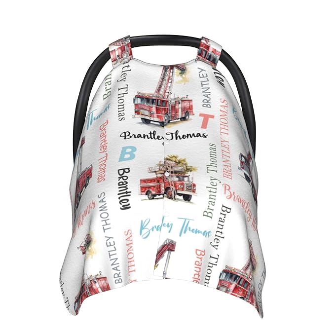 Custom Baby Car Seat Canopy Personalized Car Seat Covers with Name for Baby Boys Girls Customized Fire Truck Nursing Breastfeeding Cover Infant Carseat Canopies Newborn Minky Baby Blanket