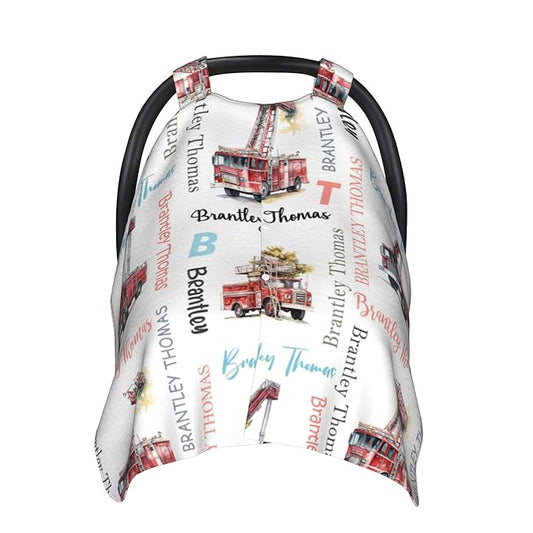Custom Baby Car Seat Canopy Personalized Car Seat Covers with Name for Baby Boys Girls Customized Fire Truck Nursing Breastfeeding Cover Infant Carseat Canopies Newborn Minky Baby Blanket