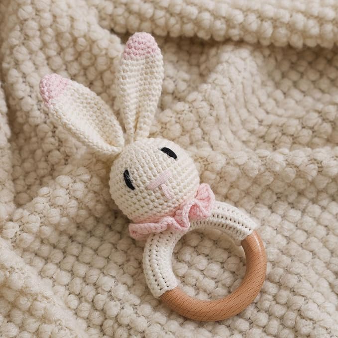 Wooden Baby Rattle, Crochet Pink Bunny Rattle, Newborn Wooden Animal Rattle Toy, Infant Rattle Toys, Pink Bunny