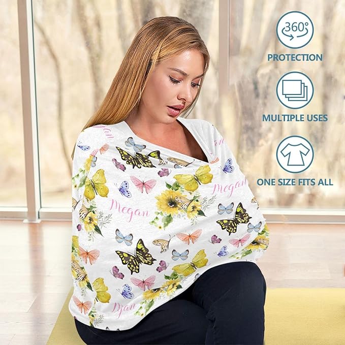 Personalized Baby Car Seat Cover for Girls, Custom Nursing Covers with Name, Sunflower Butterfly Pattern, Universal Fit, Water Resistant, Linen, Cotton