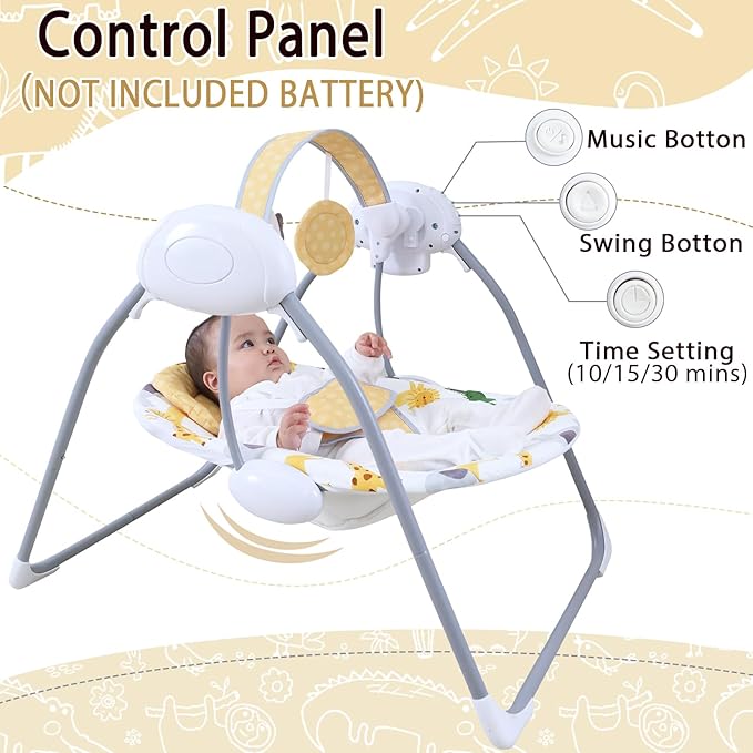Baby Swing for Infant,Newborn Swing with Music,5 Speed Levels,Timing Setting,Soft Cushion,Foldable Infant Swing with Hanging Elephant Toy & Mirror for Indoor Outdoor Use 0-9 Months