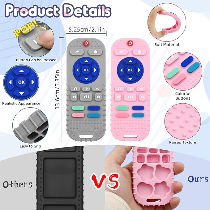 Teething Relief Teethers Toys for Babies 3 6 9 12 Months Gifts Essentials, Silicone Sensory Remote Control Baby Chew Toy for Newborn Infant Boy Girl Autism Birthday Gift, Gray & Pink