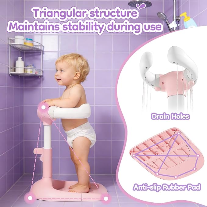 Upgraded Baby Shower Stand with Anti-Pinch Silicone & Anti-Slip Base, Adjustable Height Soporte para Bañera de Bebé, Baby Bath Standing Support Assist Holder for 6-36 Months Toddler, Ideal Gift, Pink
