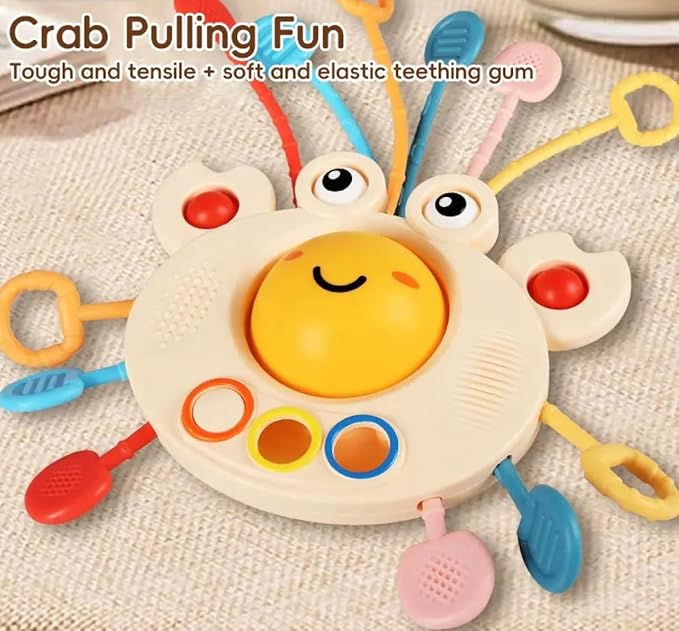 Yummy Baby Products Montessori Sensory Toy for Babies, Silicone Pull String Teething Toy, Perfect for Entertaining Baby While Developing Motor and Sensory Skills (Crab)
