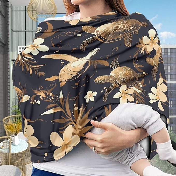 Binienty Turtle Animal Print Baby Car Seat Cover for Boys Girls, Plumeria Floral Breastfeeding Scarf Nursing Cover for Women Mom, Ideal Gifts
