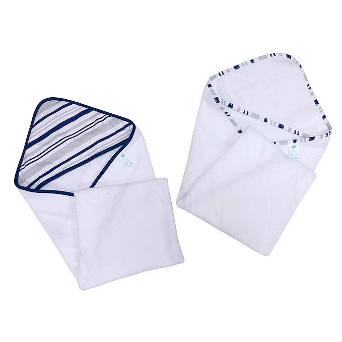 2 pack Baby Hooded Towel Set - Blue Trim