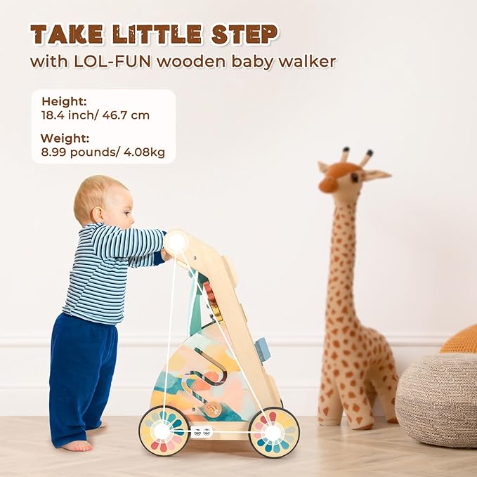 LOL-FUN Wooden Baby Walker with Double-Sided Busy Board, Push Walker for Baby with Adjustable Speed Wheels, Activity Learning Walker for Boys 12 Months
