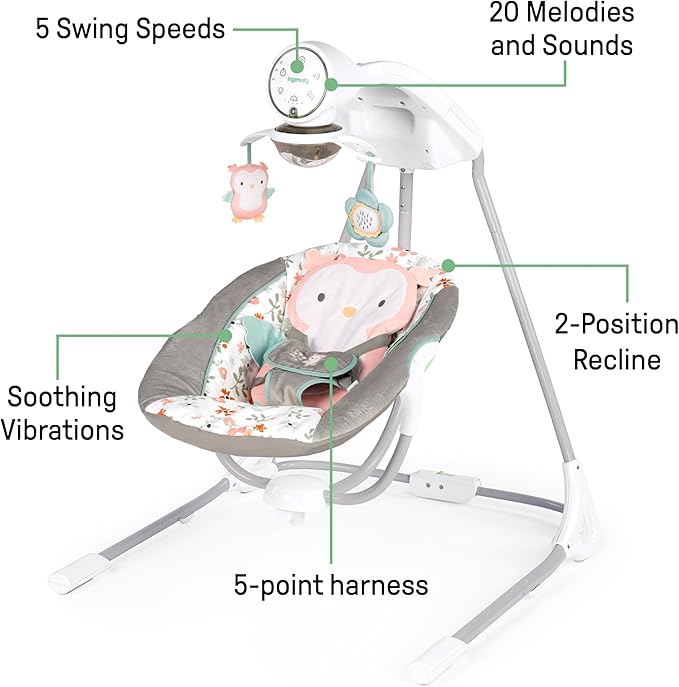 Ingenuity InLighten 5-Speed Baby Swing - Swivel Infant Seat, 5 Point Safety Harness, Nature Sounds, Lights - Nally Owl