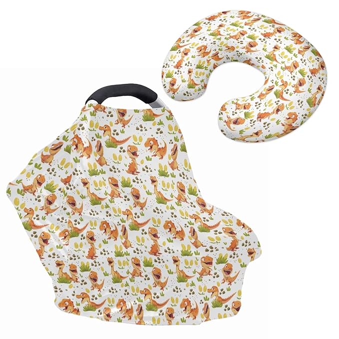 Dinosaur Animal Pattern 2 Piece Baby Car Seat Canopy with Nursing Pillowcase Covers for Breastfeeding Infant Carrier Carseat All Season Cover for Newborn Girls Boys