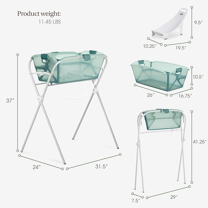 Evolur Supple Baby Spa Set with Infant Bathtub, Hammock Support Seat & Metal Frame, Newborn Tub for 0–12 Months, Complete Baby Care Essentials Gift Set for New Parents, Green