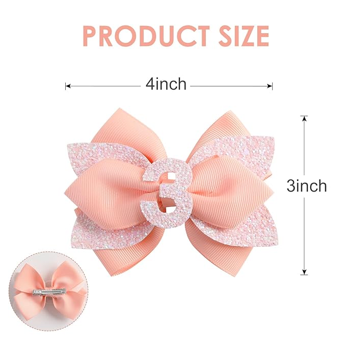 Glitter Birthday Hair Bow for Baby Girls 1 2 3 4 5 6 Years Peach Party Decoration Hair Accessories for Three 3rd Third Birthday