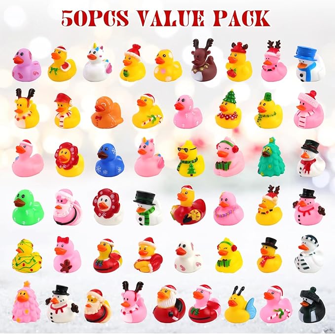 50 Pcs Christmas Rubber Ducks, Assortment Rubber Ducks in Bulks for Baby Bath School Classroom Prizes Jeeps Ducking, Christmas Party Favors, Christmas Stocking Stuffers