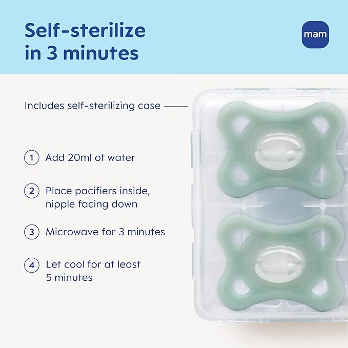 MAM Comfort Baby Pacifiers 3-12 Months Babies, Lightweight One-Piece Full Silicone Binky, BPA-Free Nipple, Easy to Clean Pacifier, Best for Breastfed Babies, 2 Count, Sterilizer Case, Made in Europe