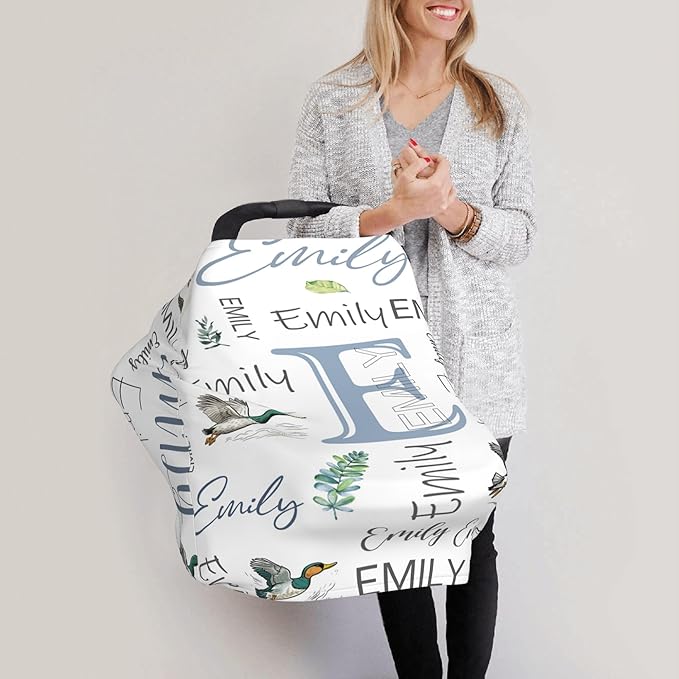 Personalized Car Seat Covers with Name, Mallard Duck Baby Canopy Carrier Cover, Breathable Breastfeeding Nursing Cover, Stretchy Multi-Use Infant Carseat Stroller Cover