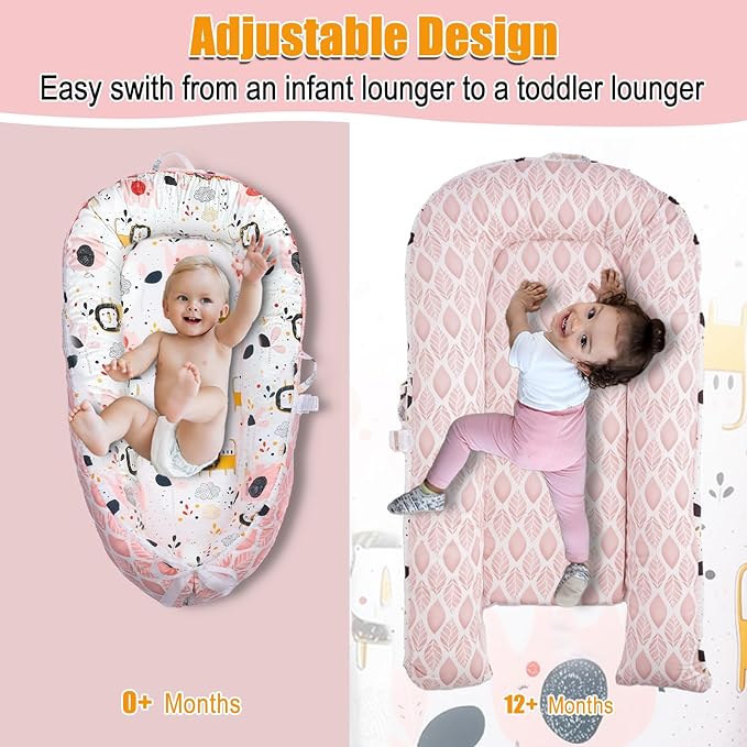 Baby Lounger - Baby Lounger for Newborn, 0-24 Months, Reversible Adjustable Newborn Lounger Baby Nest for Home and Travel, 100% Organic Cotton Washable Infant Lounger Cover, Essential Baby Gift (Pink)