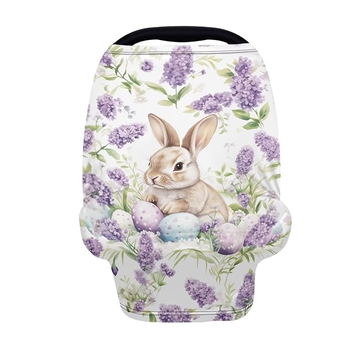 Biyejit Lavender Bunny Baby Multi-Use Cover Easter Car Seat Covers for Infant Car Seats, Nursing Cover for Breastfeeding, Shopping Cart Cover, High Chair Cover & More