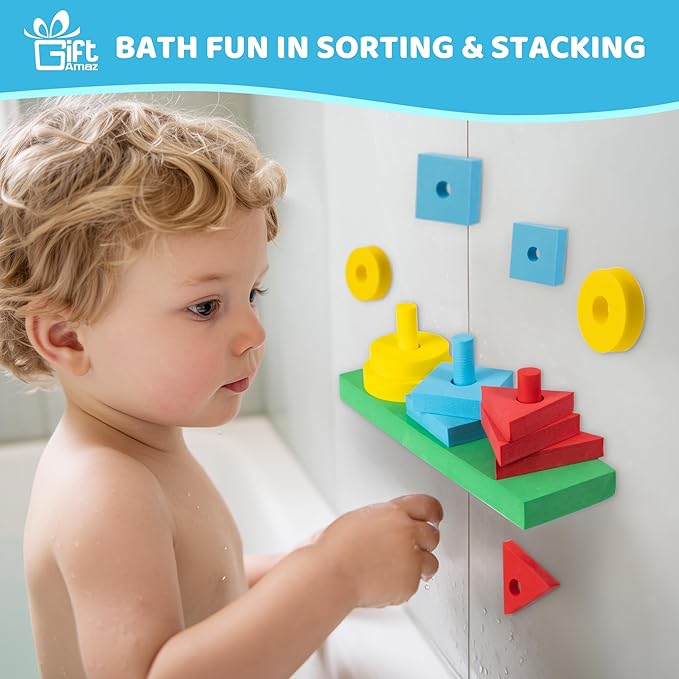 GiftAmaz 3-in-1 Bath Toys for Toddlers 1-3, Mold Free Foam Sorting & Stacking Sensory Toys - Suction Cup, Shape Color Size Learning Water Toy, Montessori Baby Bathtub Wall Toy for Kids Ages 1-3 2-4