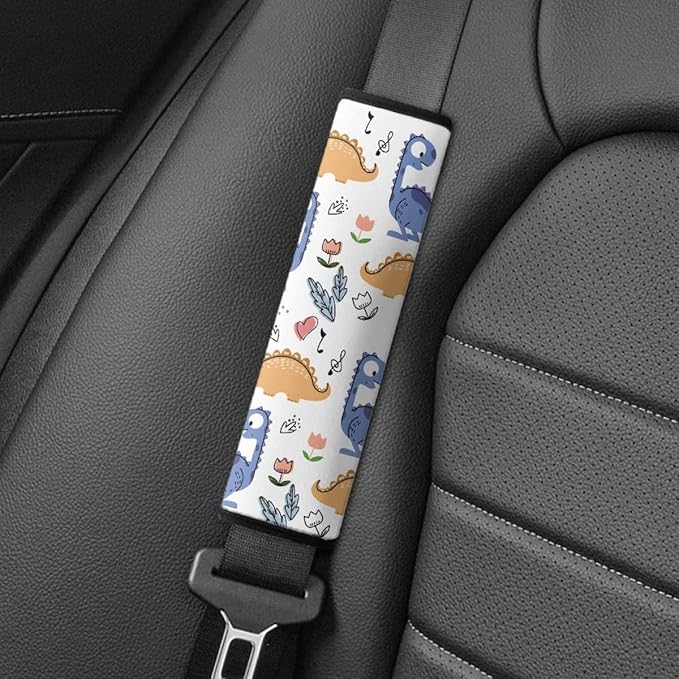 ENLACHIC Baby Car Seat Belt Cover, Cute Dinosaur Print Car Seat Shoulder Strap Pads, Infant Car Seat Cushion Safety Seatbelt Protector for Kids Boys Girls,Blue Yellow Dinosaurs