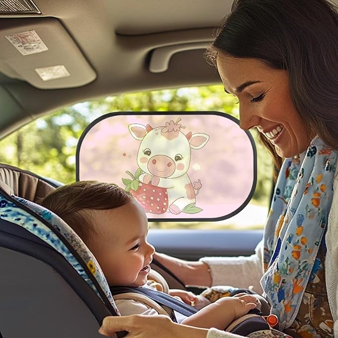 Bulopur Strawberry Cow 2 PCS Car Shades Back Windows Baby Easy to Install Car Window Shade Baby Car Seat Sun Protection Cute Design Universal Fit Mesh Car Window Shades