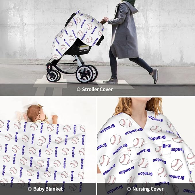 Personalized Baseball Baby Infant Car Seats Canopy for Babies with Name, Custom Multi-use Blankets for Baby Boys Girls, Peekaboo Minky Nursing Breastfeeding Stroller Cover Canopies for Newborn