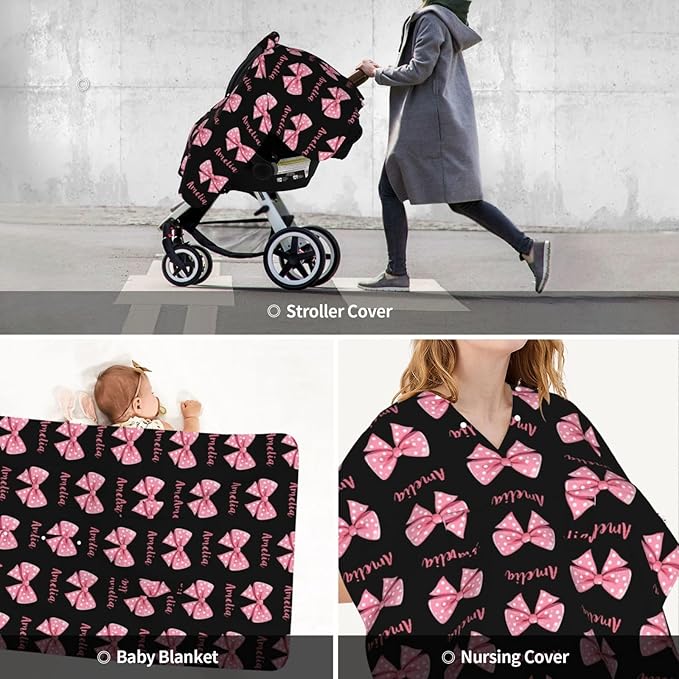 Personalized Name Car Seat Covers for Baby Girls, Custom Bows Baby Carseat Canopy, Nursing Cover for Breastfeeding, Strollers Car Seat Canopies for Babies Infant Newborn, Baby Shower Gifts