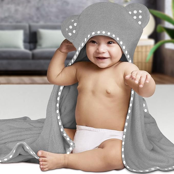 Set of 2 Hooded Baby Towels – Grey – Luxurious, Large and Super Absorbent – 30 x 30 Inch – Soft and Suitable for Infants, Toddlers and Kids – 400 GSM