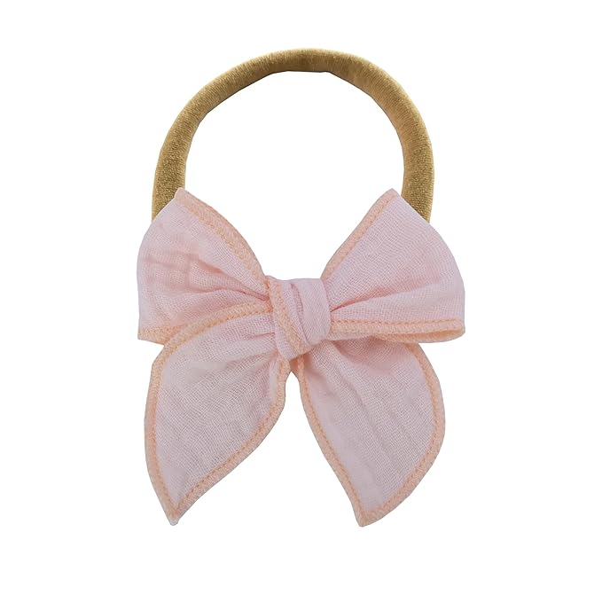 Sugarmelon Original Cotton Gauze Headband for Newborn Toddler Infant Baby Girl Kids Muslin Cotton Hair Bow Headbands Turban Elastic Hair Bands (2 pcs Light Pink)