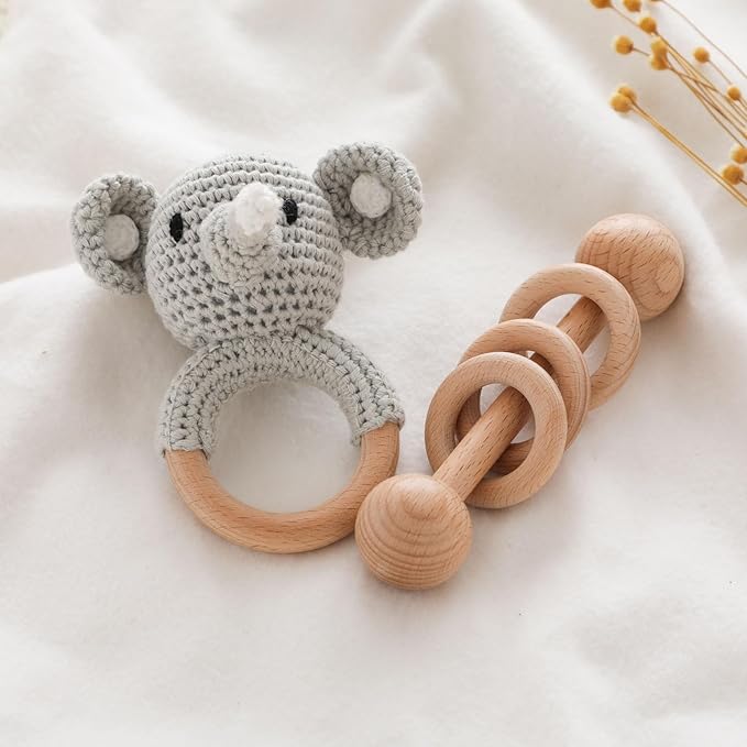 Crochet Elephant and Wooden Animal Rattle Set for Newborns, Baby Wooden Rattle Toy 2PCS