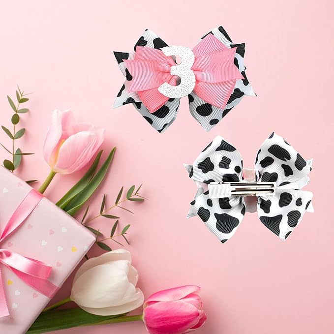 Birthday Hair Clips for Baby Girls - 2Pc Cow Print Bow with White Number Hair Clips for 3rd Birthday Baby Bow Party Decorations for Girls Toddlers Hair Accessories (Cow Print -3 Years)