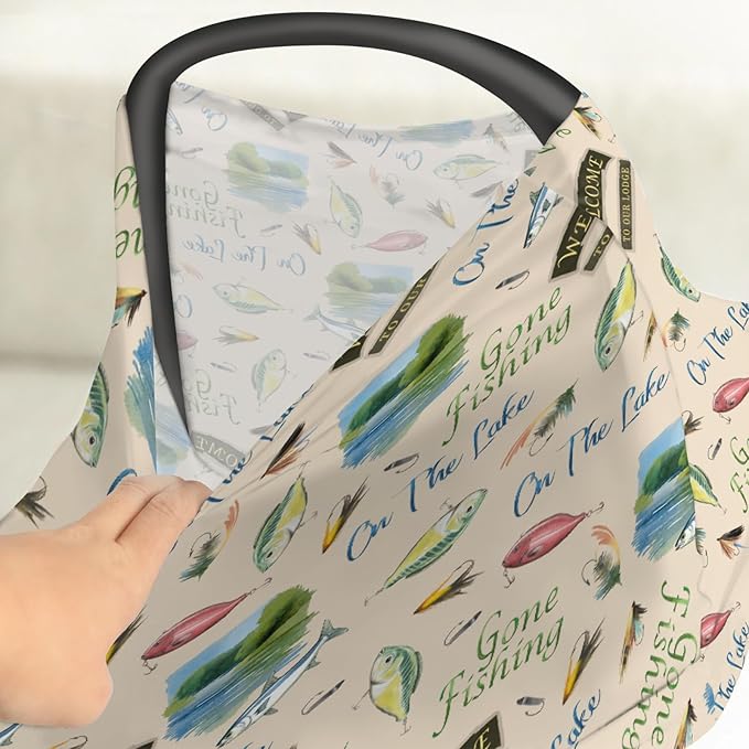Fishing Baby Car Seats Covers Lake Gone Fishing Stretchy 5-in-1 Cover Adjustable Infant Carseat Canopy Cover Outdoor Hunting Camping Breathable Nursing Cover-Up