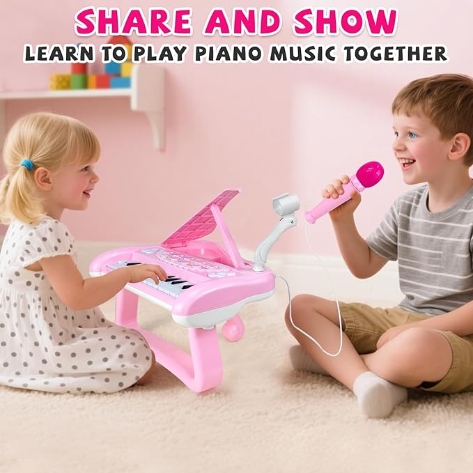 Baby Piano Music Toy, 22 Key Pink Piano Toys for 2 3 Years Old Girls, Baby Toddler Kids Musical Keyboard Toy with Microphone First Birthday Gift for Girls