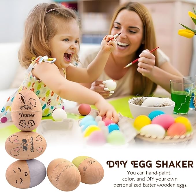 Personalized Musical Easter Egg Shaker 2026, Custom Engraved Wooden Easter Eggs Gifts for Kids Baby (Hollow Customizable Wooden Eggs)