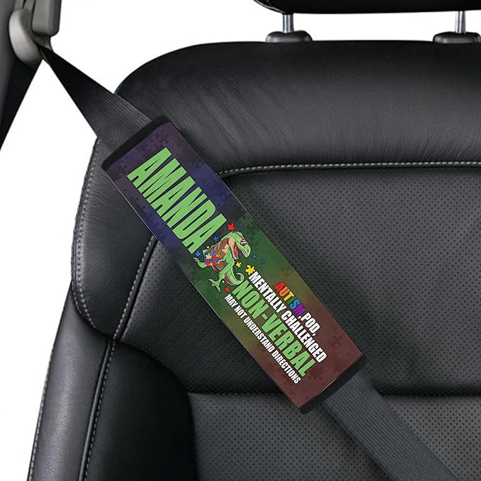 Autism POD Non Verbal Colorful Personalized Name Dinosaur Autism Awareness Seat Belt Cover for Kid Family Special Need Autistic Medical Alert Car Cushion Cover Support Autism Gift 42