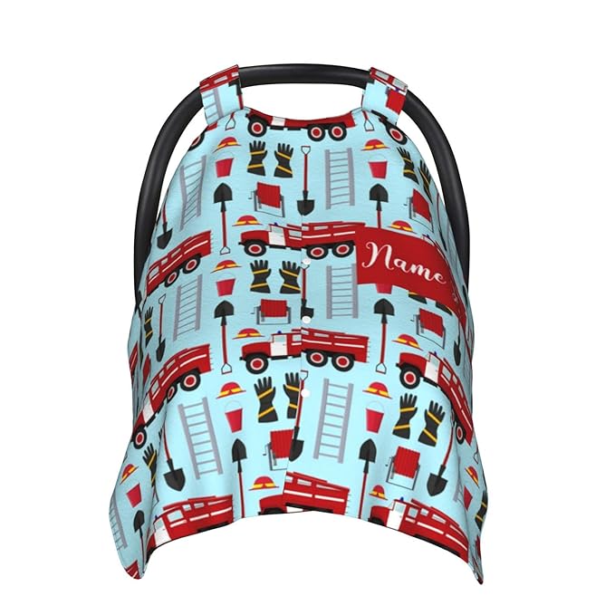 Personalized Fire Trucks and Firefighter Baby Car Seat Canopy for Babies with Name, Custom Car Seat Covers for Baby Boys, Peekaboo Opening Minky Nursing Cover Infant Car Seat Canopies for Newborn
