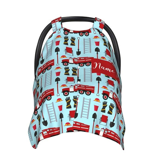 Personalized Fire Trucks and Firefighter Baby Car Seat Canopy for Babies with Name, Custom Car Seat Covers for Baby Boys, Peekaboo Opening Minky Nursing Cover Infant Car Seat Canopies for Newborn
