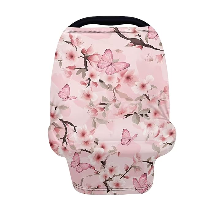 LedBack Pink Butterfly Sakura Stretchy Car Seat Cover for Babies,Nursing Cover Breastfeeding Cover,Soft Breathable Baby Carseat Canopy