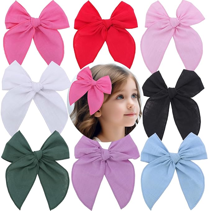 YUESE Linen Bow Hair Clip for Girls & Women – Soft Cotton Linen Fabric, Handmade Large Bow Barrette, Lightweight Hair Accessory for Daily Wear, School, Party & Gift (Blue)